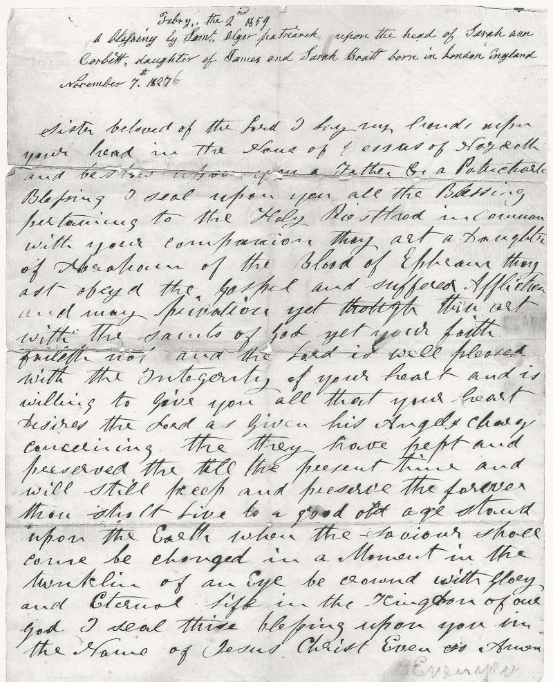 A Blessing given to Sarah Ann Brett 