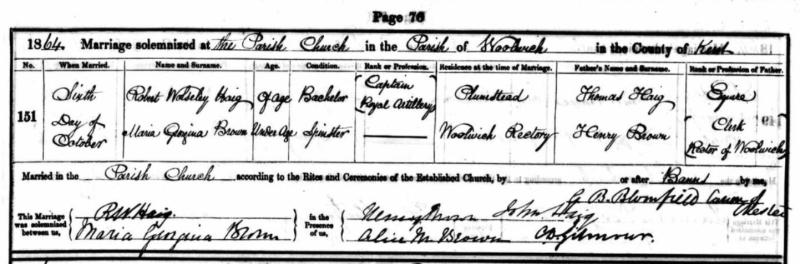 Parish Record of Marriage for Robert Wolseley Haig and Maria Georgina Brown on October 6, 1864.